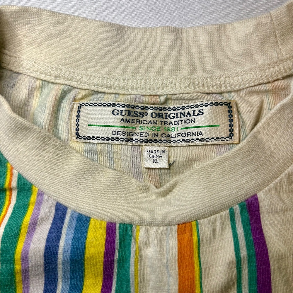 Guess Multi Colored Striped Crew Neck T Shirt Embroidered Size XL - Picture 5 of 7